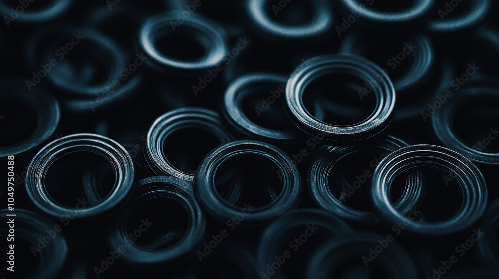 Close-up view of black rubber seals stacked together in a manufacturing workspace Close-up view of black rubber seals stacked together in a manufacturing workspace