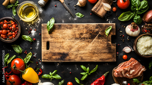 A wooden cutting board with a variety of vegetables and spices on it