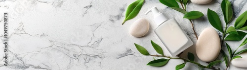 A minimalist spa scene with a white lotion bottle, natural stones, and green leaves on a marble background for a calming aesthetic. photo