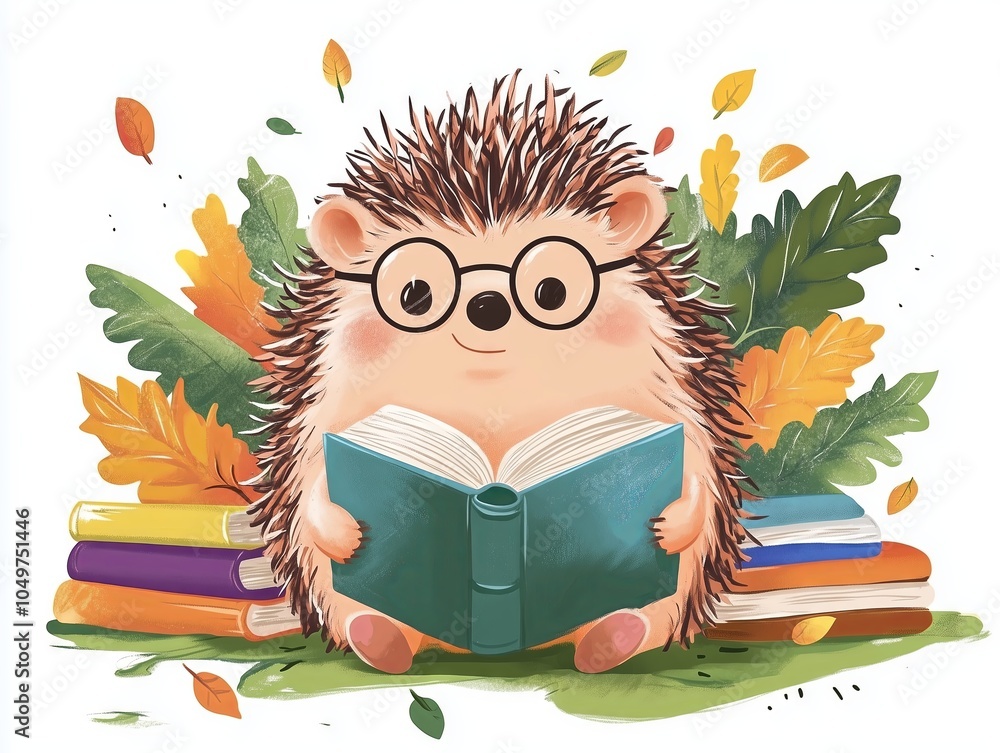 Naklejka premium Hedgehog wearing glasses reading a book in autumn