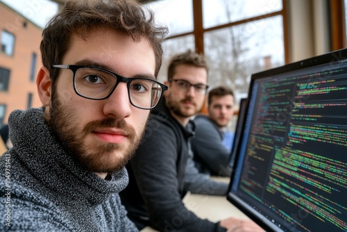 A programmer taking credit for solving a complex coding problem, showing the solution to a group of teammates in front of a computer screen photo