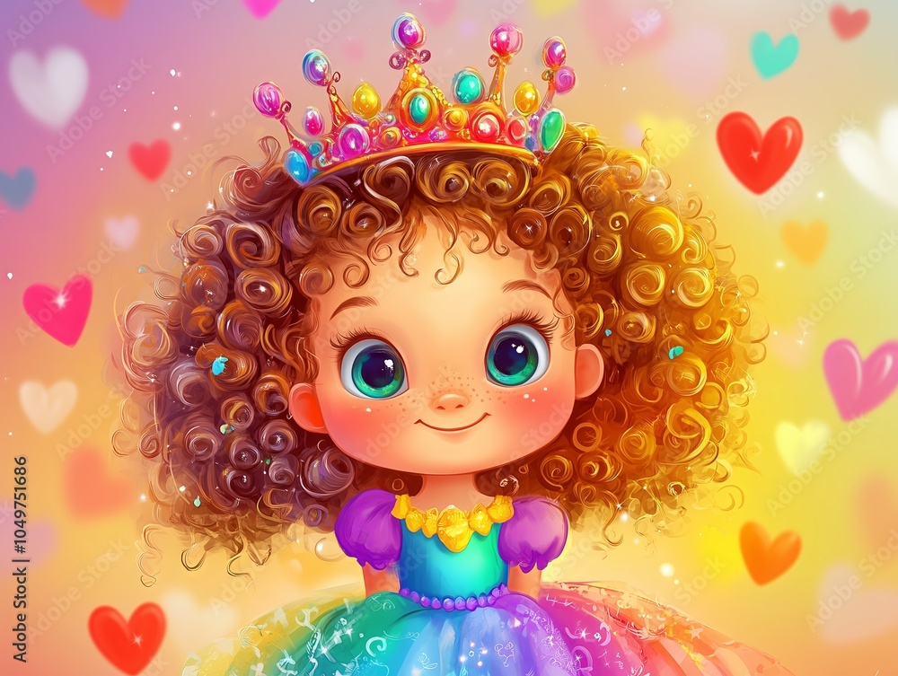 Fototapeta premium Smiling princess wearing golden crown with hearts background
