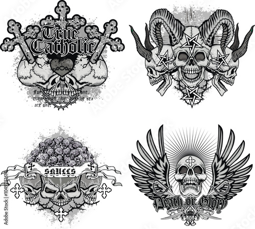 set, gothic sign with skull, grunge vintage design t shirts

