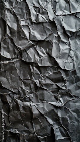 Abstract texture of crumpled black paper, showcasing intricate folds and shadows. This versatile background can be used in various design projects for an artistic touch.