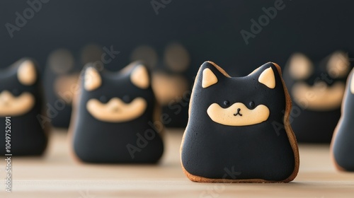 Cute black cat cookies displayed on a wooden table. photo