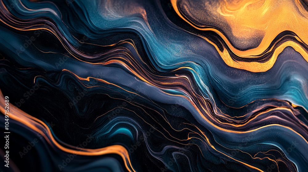Fototapeta premium Rich swirling patterns of blue and gold create a mesmerizing abstract design in a dark background