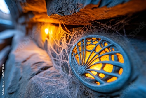 A vampire taking a risk by entering an ancient crypt, with cobwebs and old stone carvings illuminated by a single flickering torch