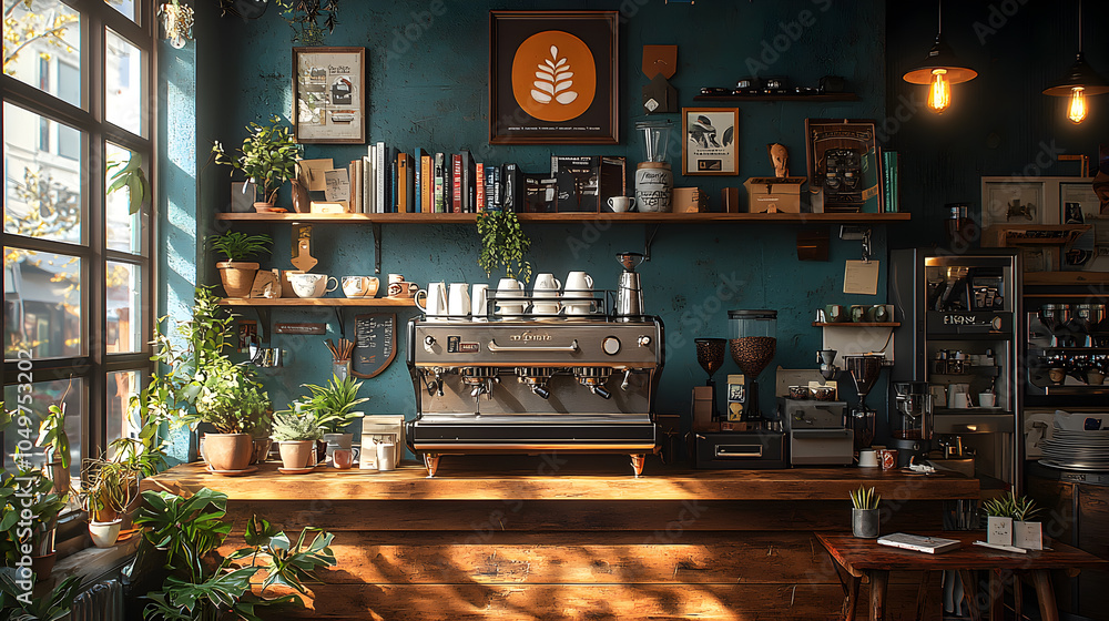 A modern coffee shop counter with a stainless steel espresso machine, wooden shelves, and plants. A modern coffee shop counter with a stainless steel espresso machine, wooden shelves, and plants.