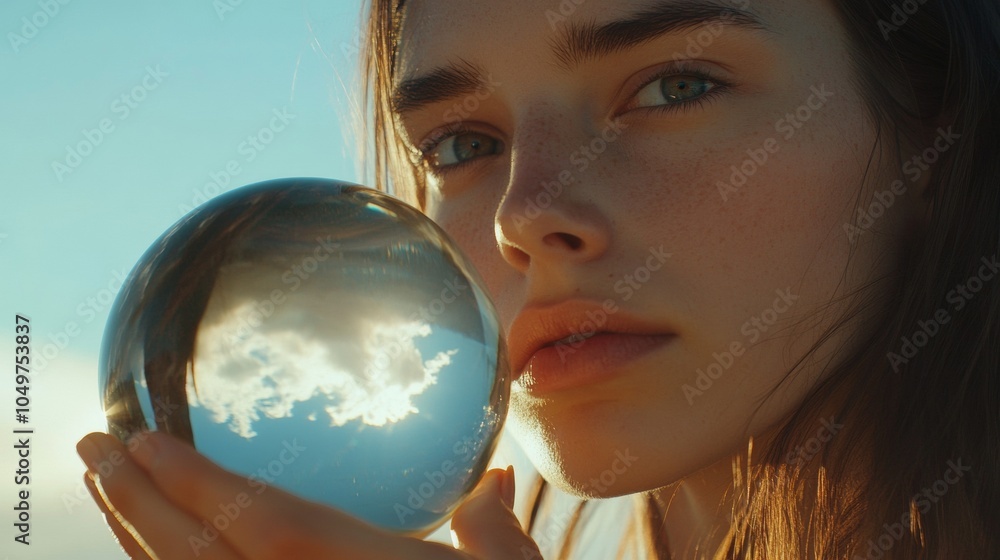 Fototapeta premium A woman is holding a large glass ball in her hand