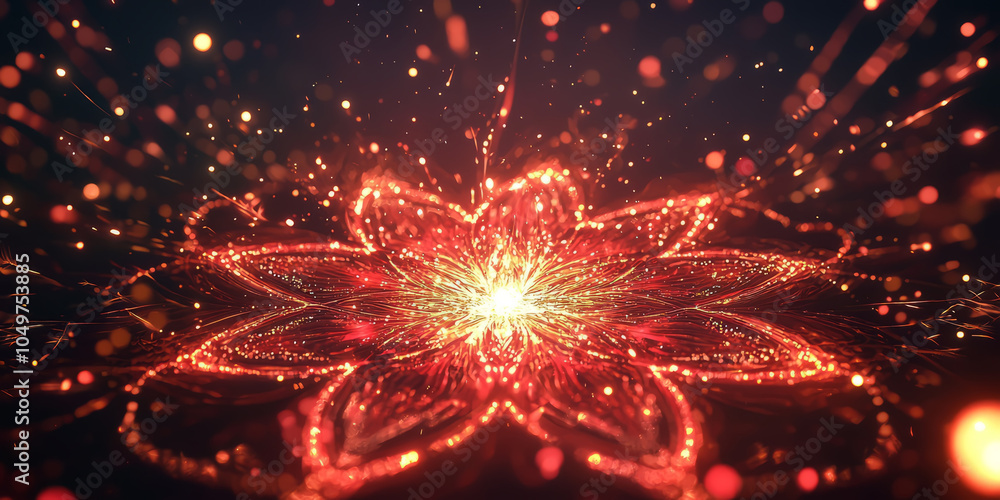 Fototapeta premium Abstract mandala made from glowing red and gold lines.