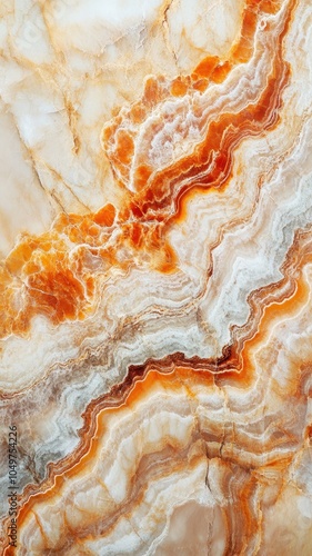 Elegant orange and white onyx stone surface with intricate wave patterns. Perfect for backgrounds, textures, or modern decor inspirations.