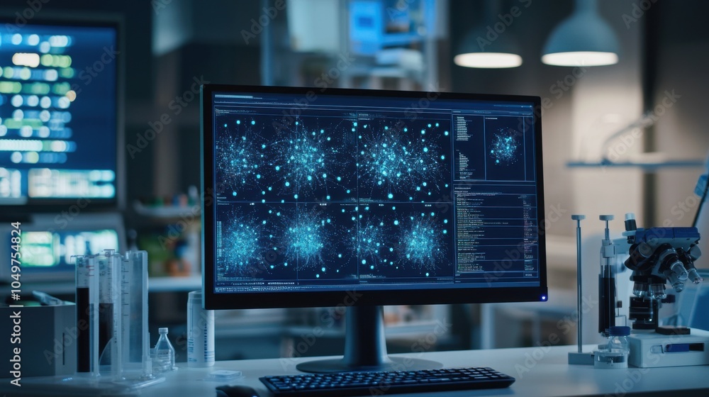 Naklejka premium Bioinformatics: Computer screen showing complex genetic data analysis