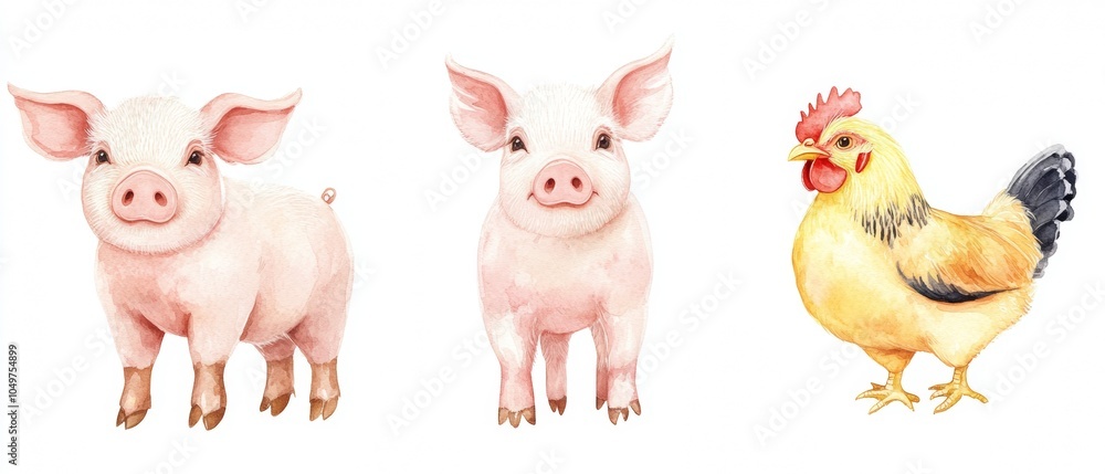 Three farm animals, a pig, a chicken, and a rooster, are shown in a row Three farm animals, a pig, a chicken, and a rooster, are shown in a row