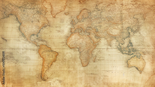 Vintage world map with faded colors and antique texture, Old map paper texture