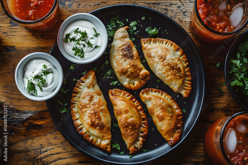 A plate of golden-brown empanadas, served with sour cream and salsa. A plate of golden-brown empanadas, served with sour cream and salsa.
