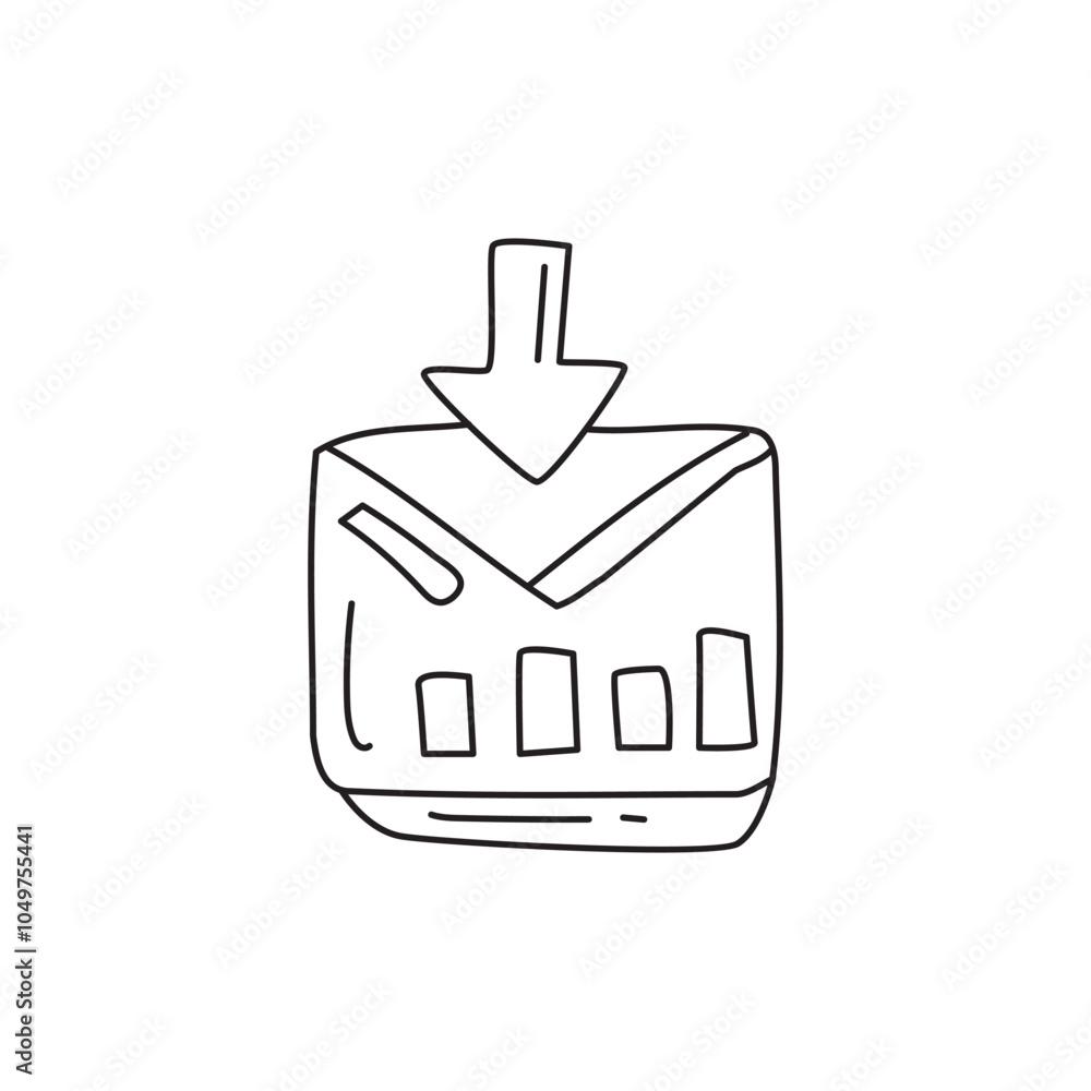 A simple line drawing representing a downward arrow above a bar chart, suggesting data download or analysis. A simple line drawing representing a downward arrow above a bar chart, suggesting data download or analysis.