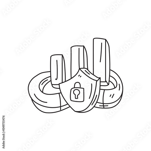 A line art illustration featuring a shield with a lock, surrounded by abstract shapes, symbolizing security and protection.