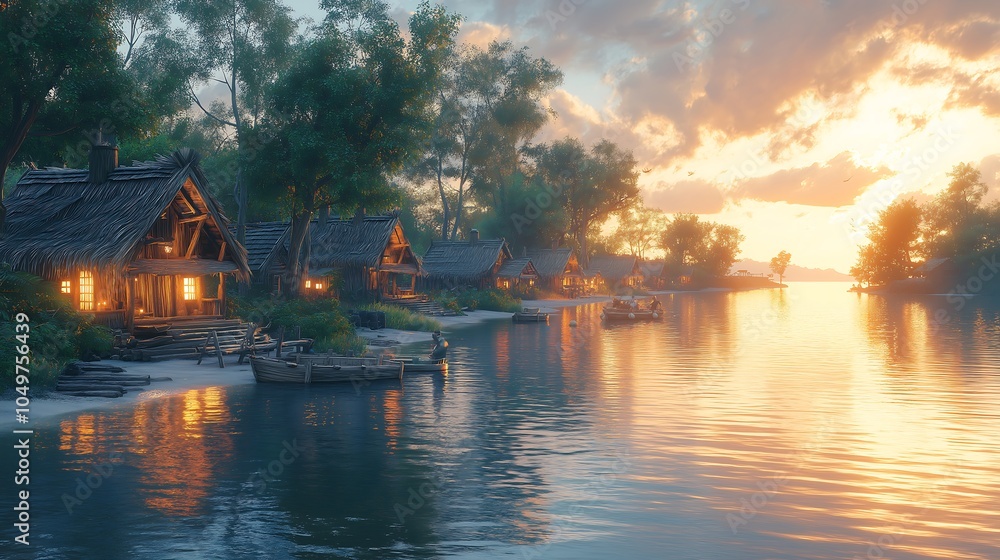 Fototapeta premium A quiet fishing village by the coast, with wooden huts and fishermen tending their nets at sunrise