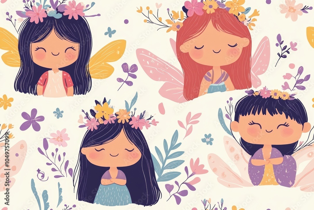 Cute cartoon fairies with flower crowns and wings. Cute cartoon fairies with flower crowns and wings.
