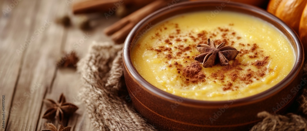 A bowl of pumpkin soup with cinnamon and star anise on top A bowl of pumpkin soup with cinnamon and star anise on top