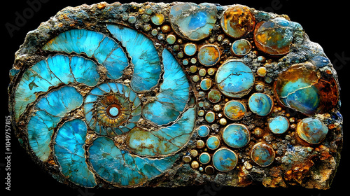 Blue and Gold Spiral Fossil Illustration photo