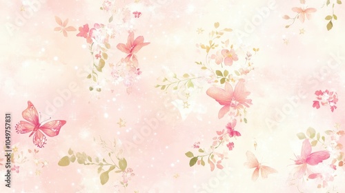 Watercolor background with pink flowers, butterflies and stars.