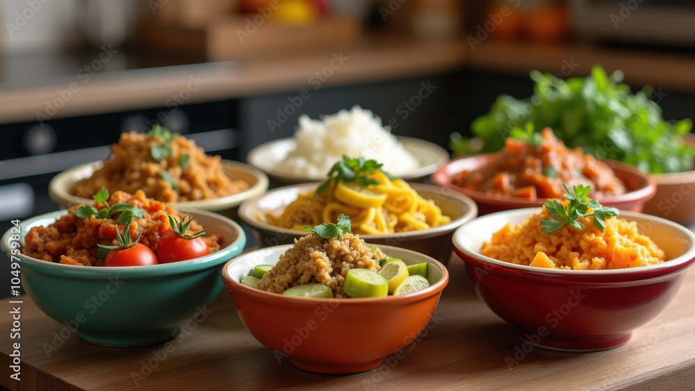 Fototapeta premium A wooden dining table set with a variety of colorful dishes, likely part of an Asian feast.