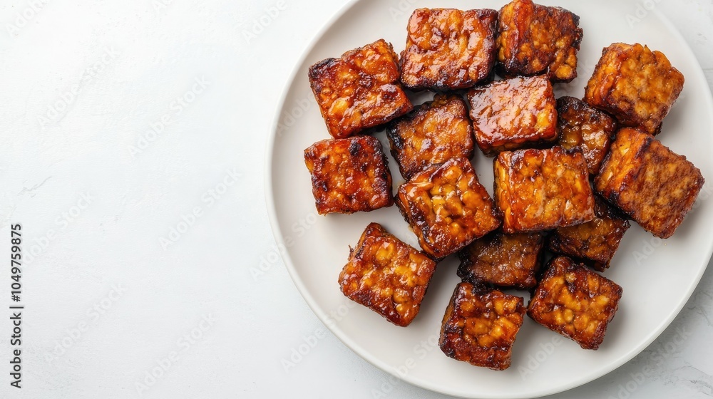 Crispy fried tempeh arranged on a simple white plate, with space for text or recipe details, highlighting Indonesian cuisine.