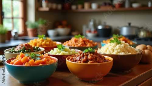 A selection of food in bowls on a wooden table.