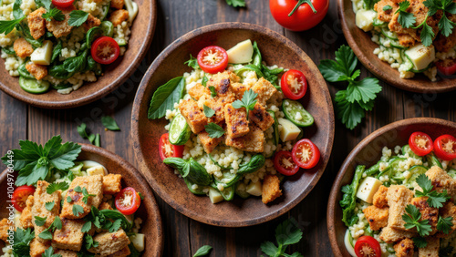 A collection of bowls filled with different salads.