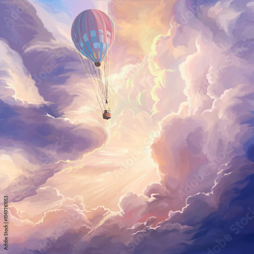 A colorful hot air balloon drifts through a breathtaking sky filled with vibrant, golden sunlight breaking through fluffy clouds, creating a serene and dreamy atmosphere high above the world.
