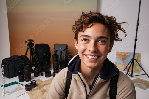 young adul with a warm and confident smile, surrounded by various camera equipment and supplies  and scattered travel documents and souvenirs in the background photo