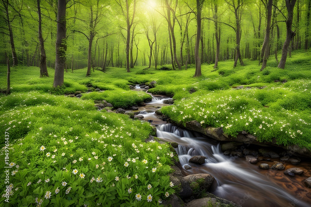 Fototapeta premium Spring forest a fresh spring forest with new green leaves wildflowers blooming, AI Generated