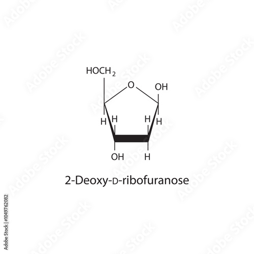 2-Deoxy-D-ribofuranose skeletal structure diagram.Sugar compound molecule scientific illustration.