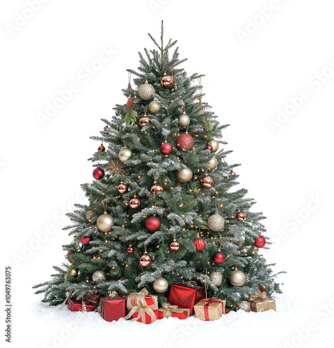 Large, beautiful decorated Christmas tree, isolated. PNG file with transparency. Ai