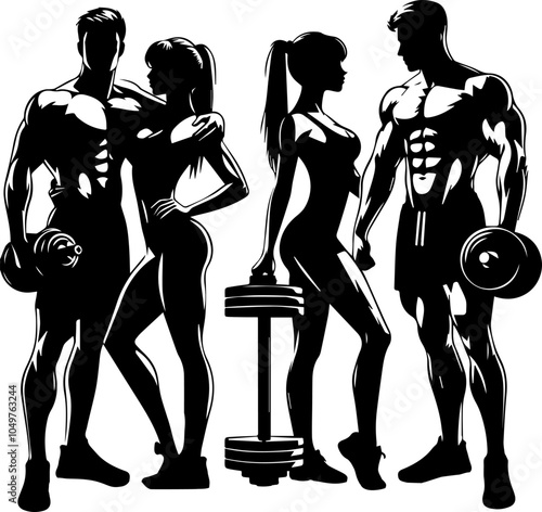 black vector silhouettes girls and guys bodybuilders standing straight isolated on white background