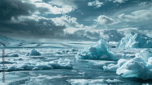 A dramatic view of a vast, frozen sea with enormous icebergs drifting and colliding, Frozen sea scene photo