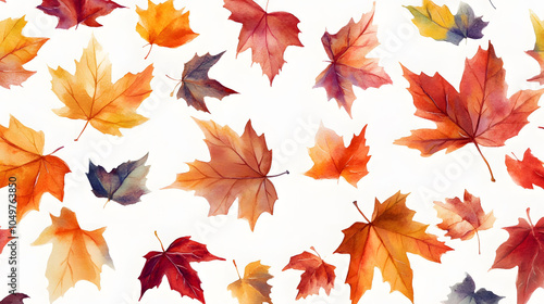 Colorful autumn leaves in a seamless pattern showcasing vibrant reds, oranges, yellows, and browns, capturing the essence of fall foliage and the beauty of nature