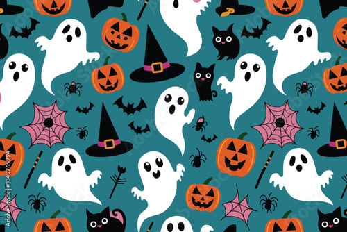 A vector Halloween decoration featuring blue Jack-o'-lanterns, witch hats, spiders, bats, ghosts, and cats.