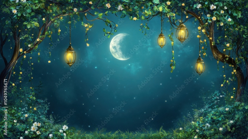 Fototapeta premium Magical Moonlit Forest Enchanted Landscape with Glow Lanterns