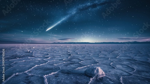 A dramatic view of an isolated volcanic island with a glowing lava dome and a rare, bright comet streaking across the twilight sky, Volcanic island scene photo