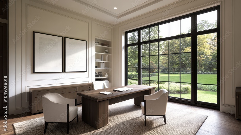 Fototapeta premium Modern office interior featuring a large window, minimalist furniture, and a serene view of nature outside.