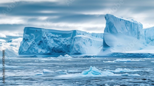 A dramatic view of the Antarctic ice shelves calving massive icebergs into the frigid waters of the Southern Ocean, Polar scene, Dramatic style photo