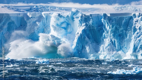 A dramatic view of the Antarctic ice shelves calving massive icebergs into the frigid waters of the Southern Ocean, Polar scene, Dramatic style