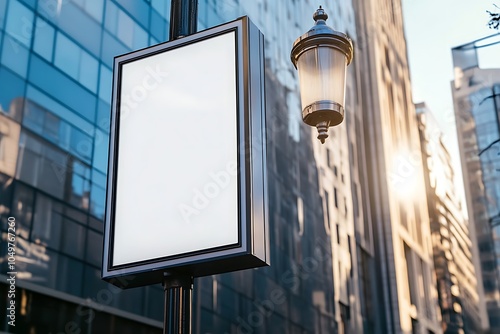  Front view of a white, blank, empty advertising poster mockup on a street light pole in the city design, with a blurred modern office building background design and natural lighting design 