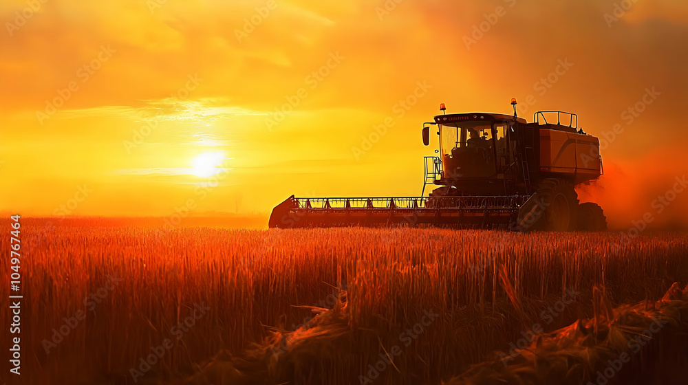 Naklejka premium Golden Sunset Over Fields with Tractor in Warm Hues