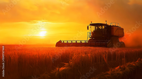 Golden Sunset Over Fields with Tractor in Warm Hues