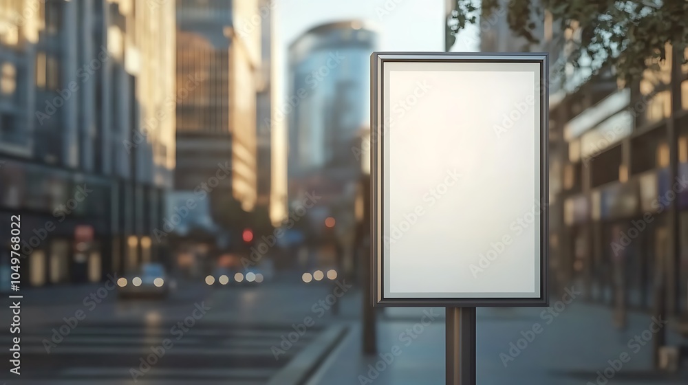 Front view of a white, blank, empty advertising poster mockup on a street light pole in the city design, with a blurred modern office building background design and natural lighting design Front view of a white, blank, empty advertising poster mockup on a street light pole in the city design, with a blurred modern office building background design and natural lighting design