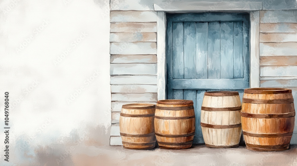 Rustic wooden barrels line a charming blue door against a weathered wall, creating a cozy and inviting atmosphere. Rustic wooden barrels line a charming blue door against a weathered wall, creating a cozy and inviting atmosphere.
