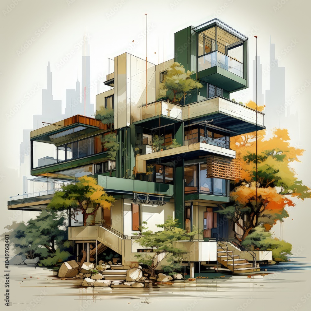 Fototapeta premium Nature-Inspired Modern Architecture with Thin Geometric Lines and Green Accents